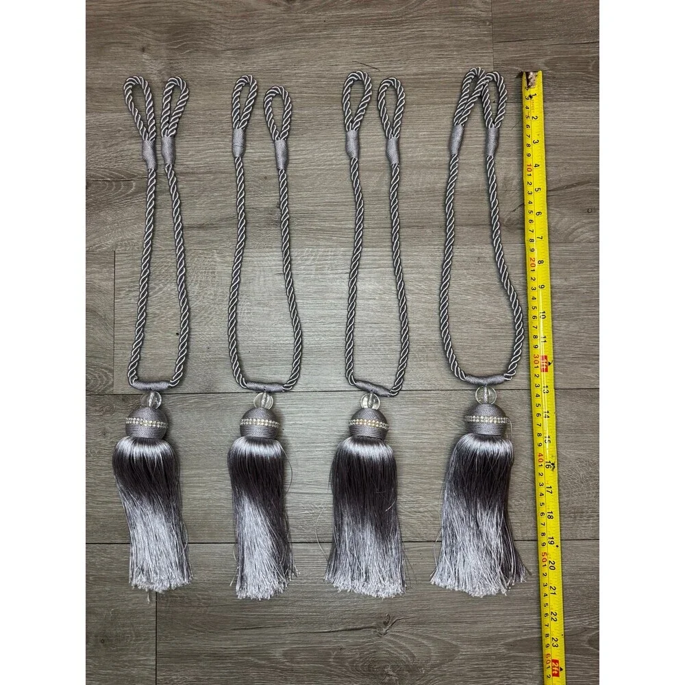 Set of 4 Gray Silver Curtain Tiebacks Tassel Rope Holdbacks